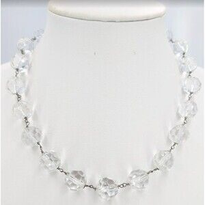 Clear Quartz 14mm Bead Necklace Faceted Round Statement Silver Tone 18 In 62 g